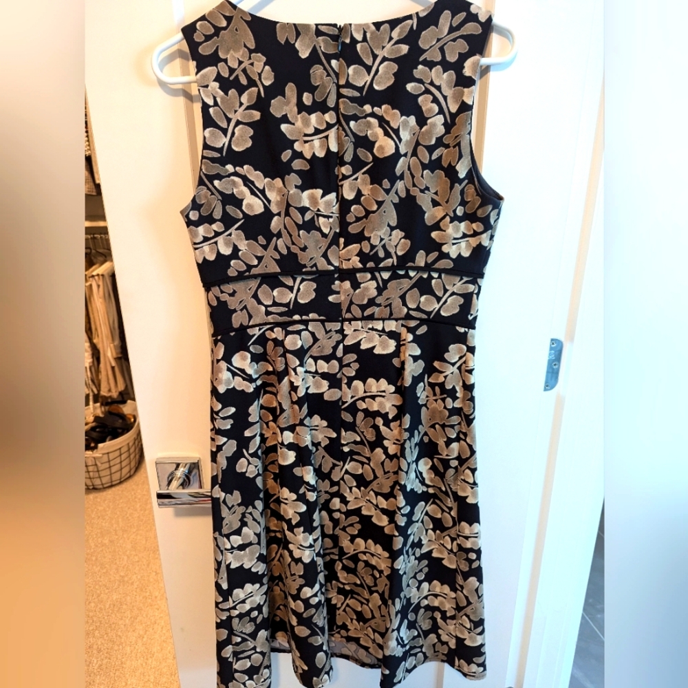Printed navy blue and taupe dress